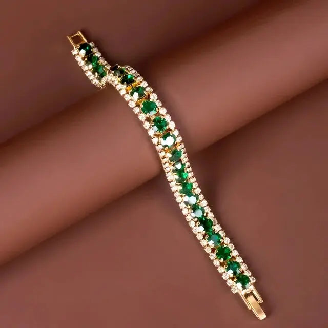 Bracelet fin vert et doré à pierres rectangulaires, fermoir