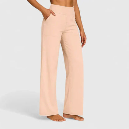 Pantalon confortable crème à jambes évasées, taille haute et poches latérales