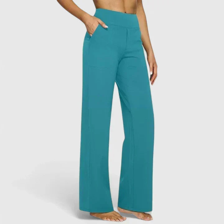 Pantalon confortable turquoise à jambes évasées, taille haute, poches latérales