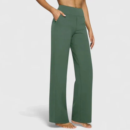 Pantalon confortable vert foncé à jambes évasées, taille haute, poches latérales