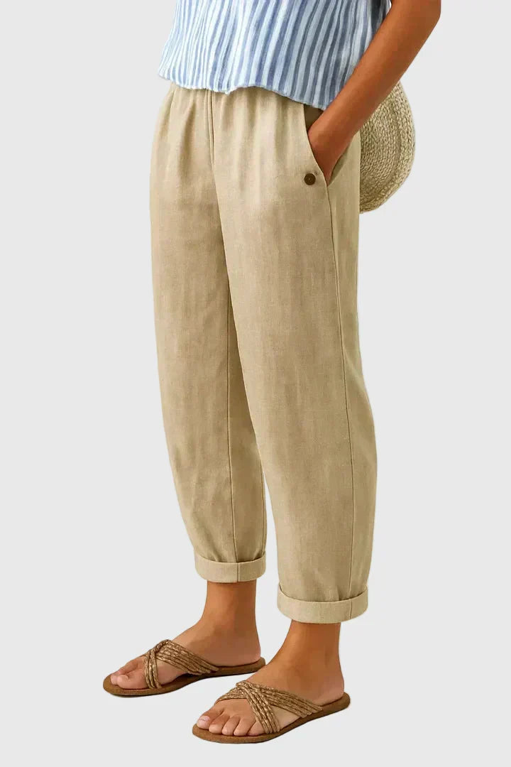 Pantalon beige ample en lin, taille élastique, ourlet retroussé, bouton décoratif