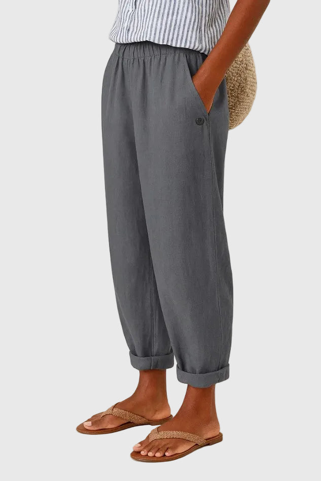 Pantalon gris foncé ample, taille élastique, ourlet retroussé, bouton décoratif