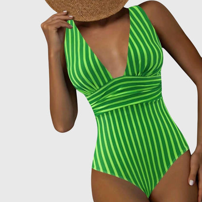Maillot de bain une pièce vert rayé, décolleté plongeant V, manches courtes