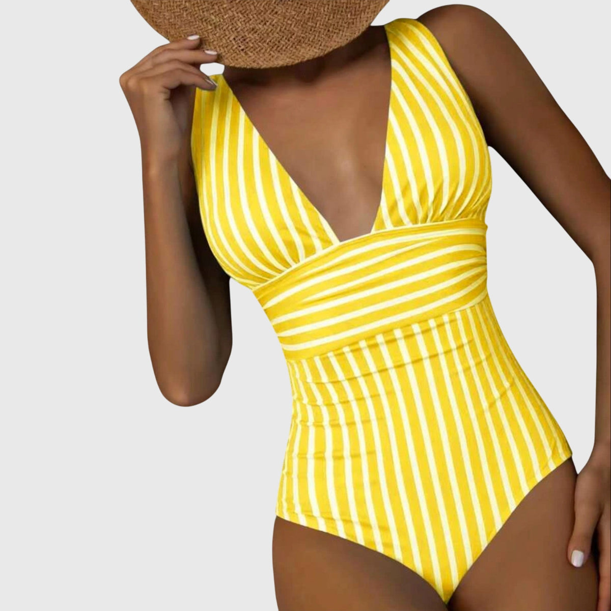 Maillot de bain une pièce jaune rayé, décolleté plongeant V, manches courtes