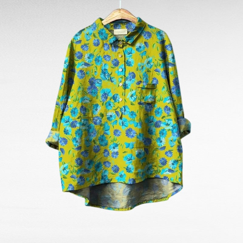 Chemisier d'été en lin Axelle à fleurs bleues, col boutonné, vert-jaune