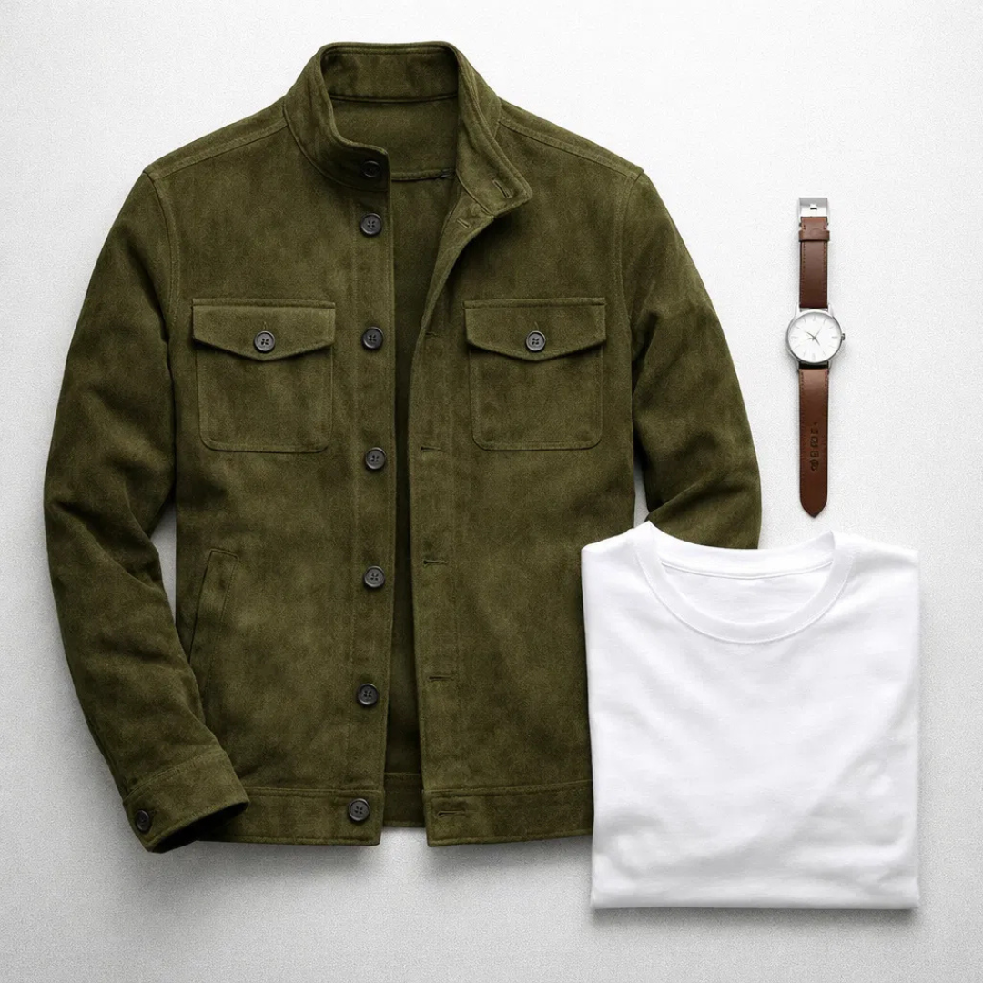 Veste en daim vert olive à cinq boutons, cols montant et deux poches poitrine.