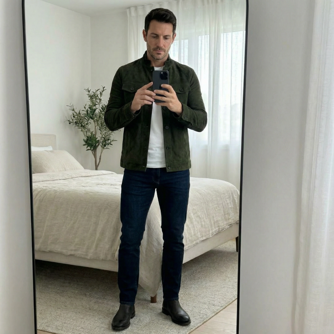 Veste en daim vert olive portée, avec patte boutonnée et poches poitrine.