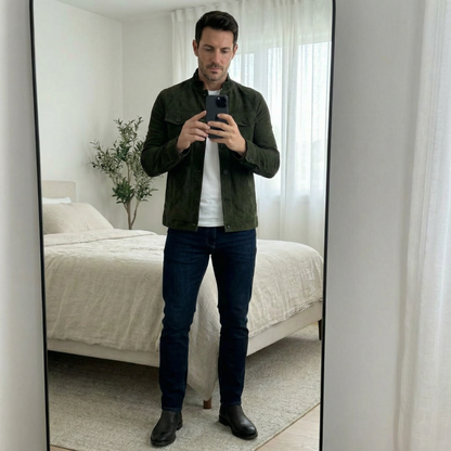 Veste en daim vert olive portée, avec patte boutonnée et poches poitrine.