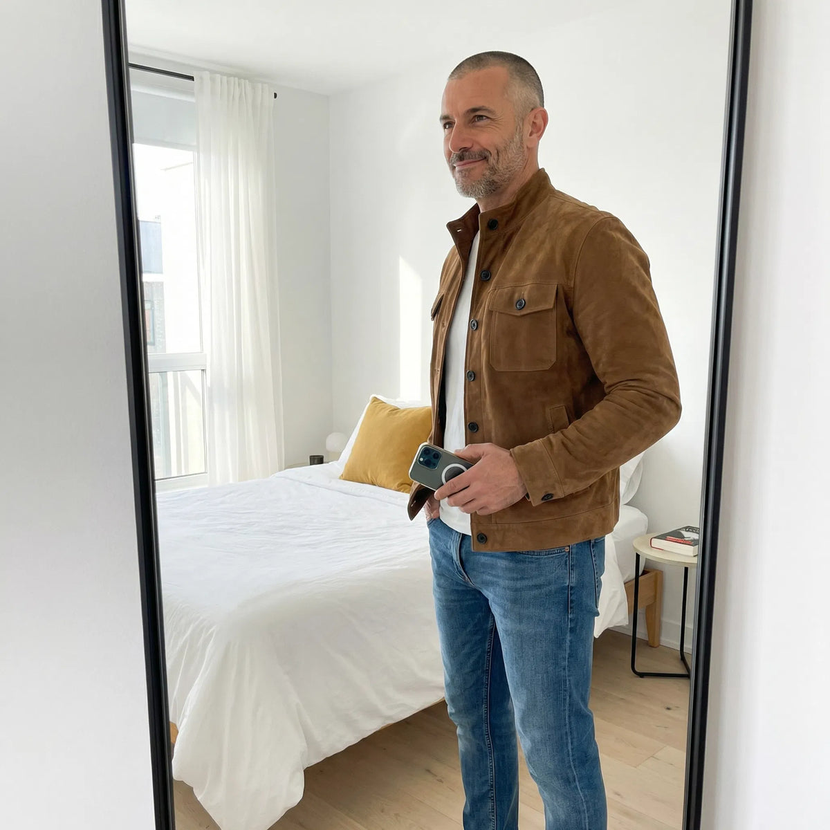 Veste en daim marron portée, fermeture à boutons et deux poches poitrine.