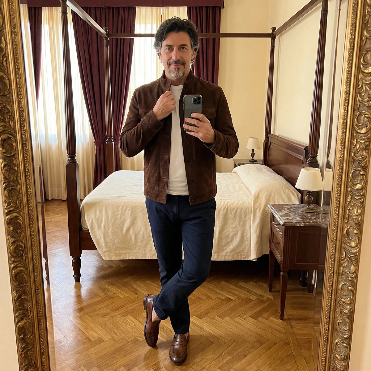 Veste en daim marron portée, col boutonné et poches poitrine sur le devant.