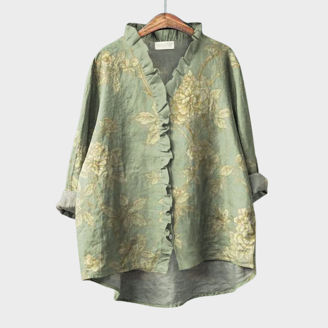 Blouse d’été en lin vert à fleurs, encolure boutonnée et volants sur le devant