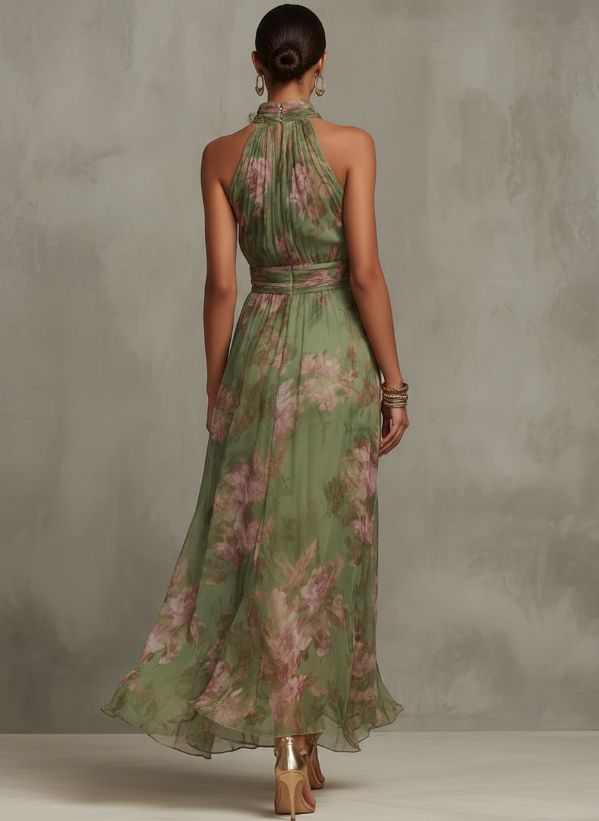 Robe longue verte à col bénitier et imprimé floral rose, vue de dos.