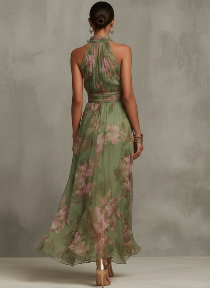 Robe longue verte à col bénitier et imprimé floral rose, vue de dos.