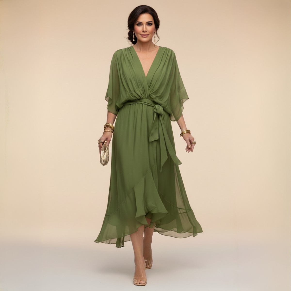 Robe mousseline verte en V, ceinture nouée, manches chauve-souris, mi-longue