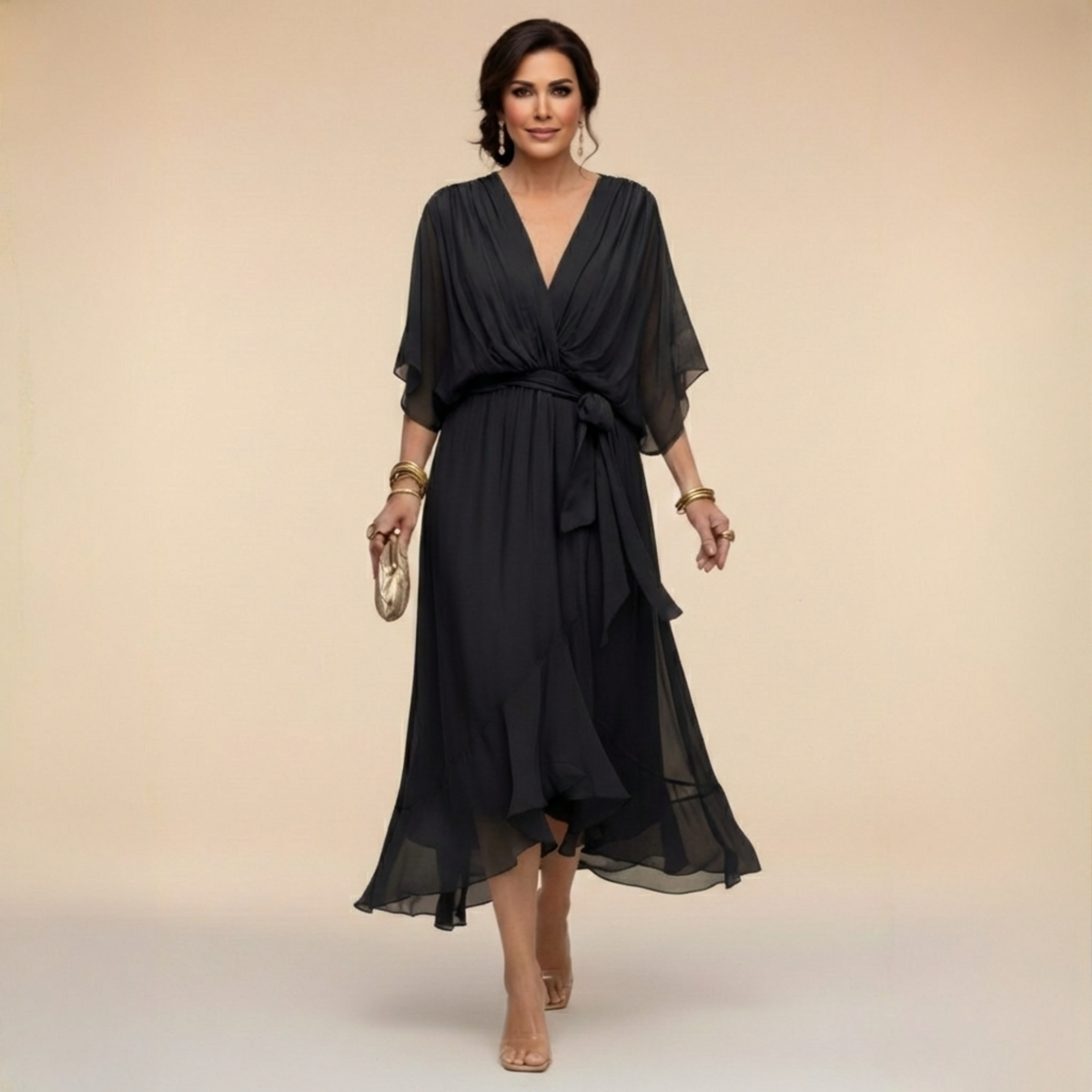 Robe mousseline noire en V, ceinture nouée, manches chauve-souris, mi-longue