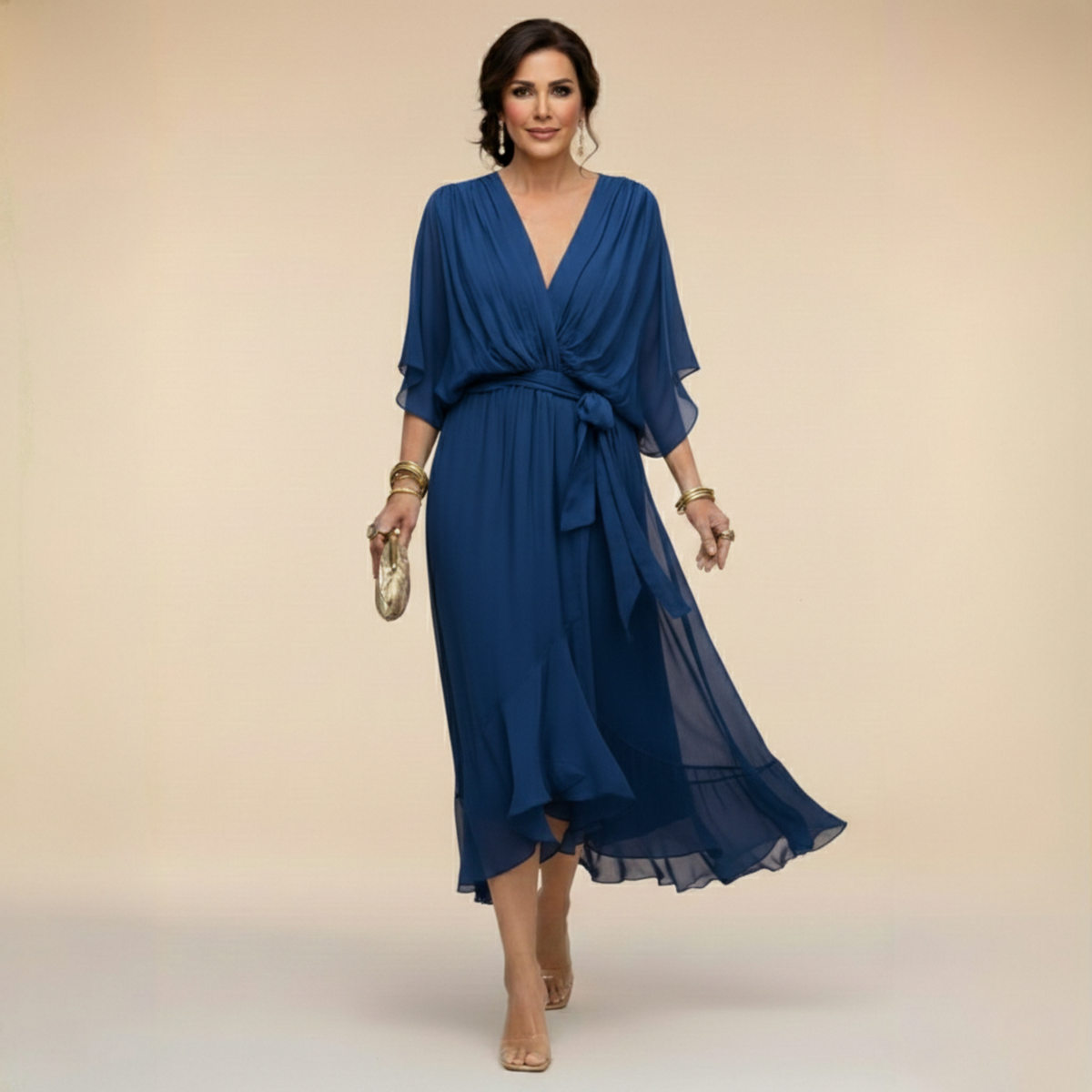 Robe mousseline bleue en V, ceinture nouée, manches chauve-souris, mi-longue