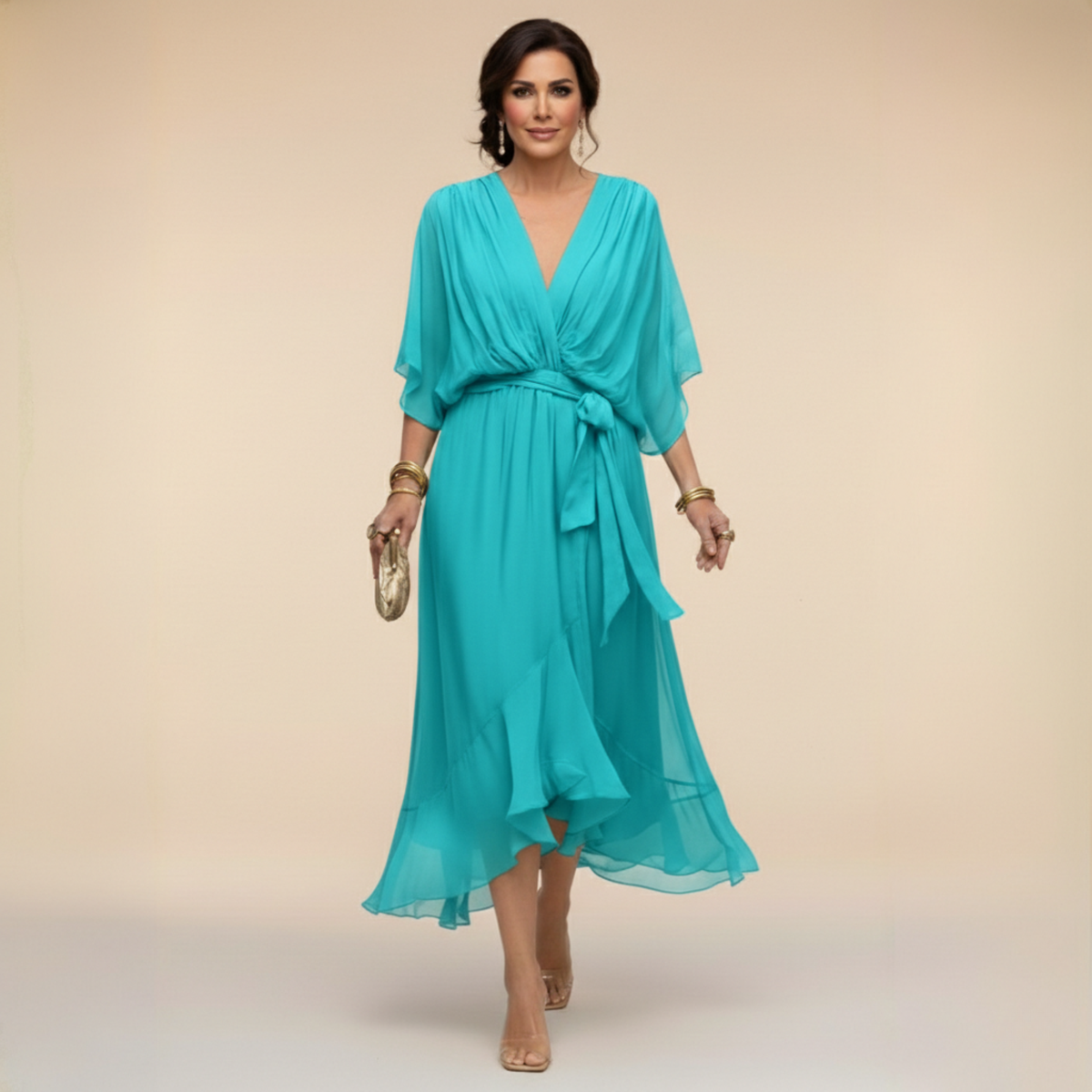Robe mousseline turquoise en V, ceinture nouée, manches chauve-souris, mi-longue