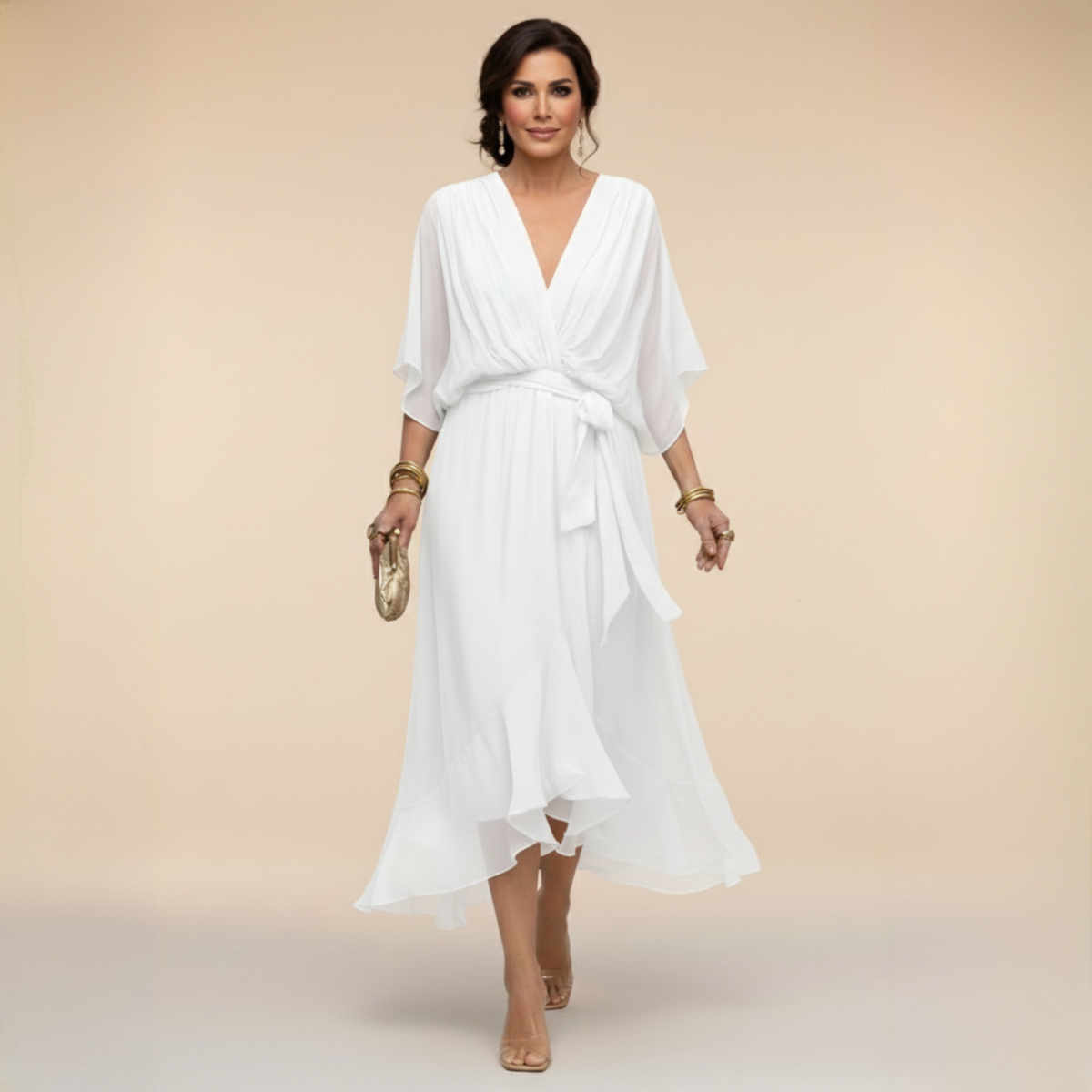 Robe mousseline blanche en V, ceinture nouée, manches chauve-souris, mi-longue