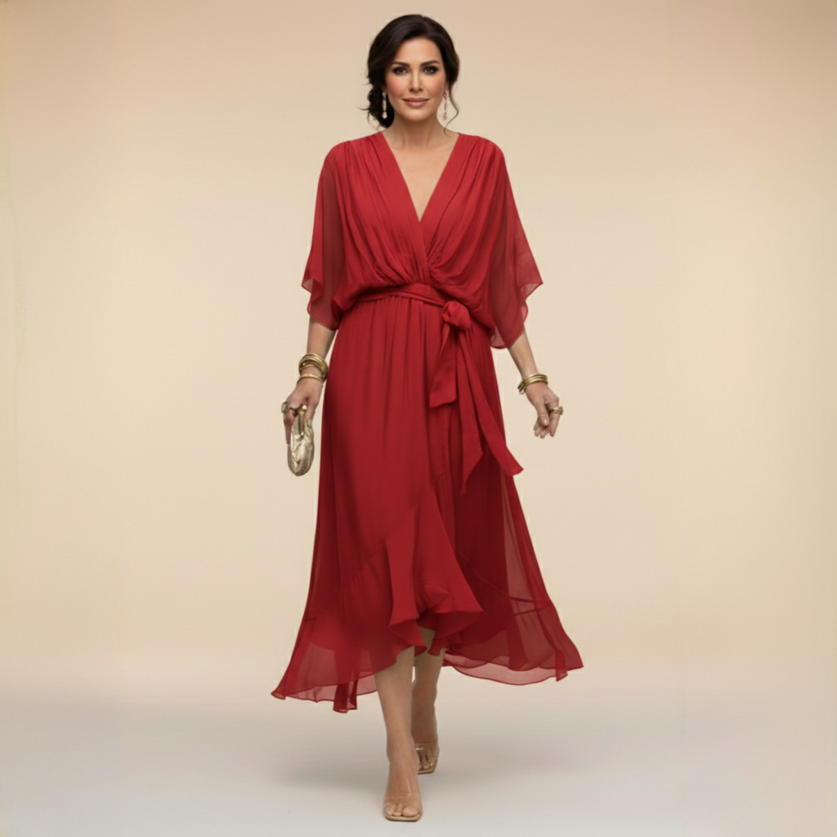 Robe mousseline rouge en V, ceinture nouée, manches chauve-souris, mi-longue