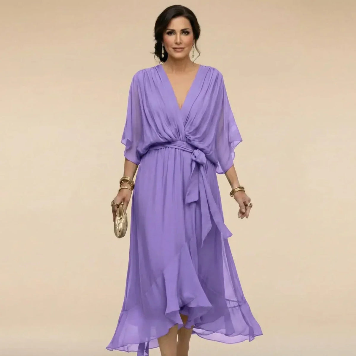 Robe mousseline violette en V, ceinture nouée, manches chauve-souris, mi-longue