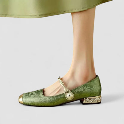 Ballerines bébé Florine™ texturées vertes à bride avec ornements dorés