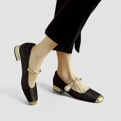 Chaussures bébé Florine™, ballerines noires à bride dorée, bout rond, texture sur le dessus