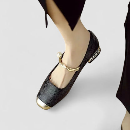 Ballerines bébé Florine™ noires texturées, bride bouclée et bord doré strass