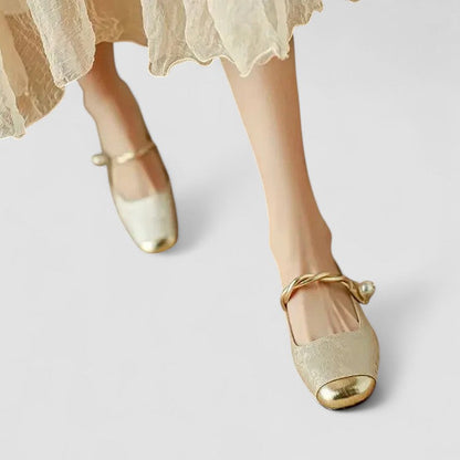 Chaussures bébé Florine™, ballerines beige doré, bride fine dorée, bout rond, texture