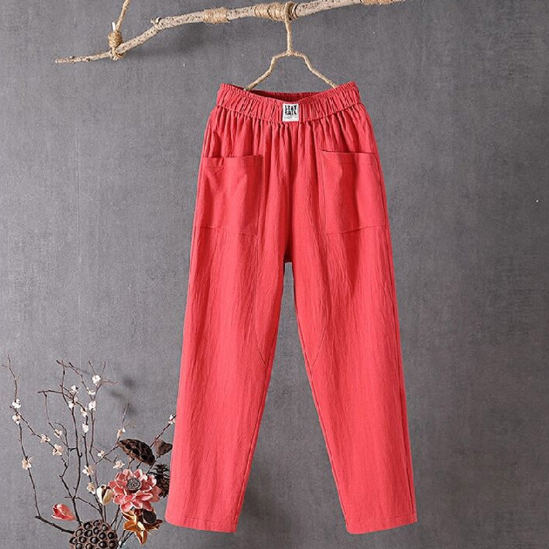 Pantalon ample rouge à taille élastique et poches plaquées