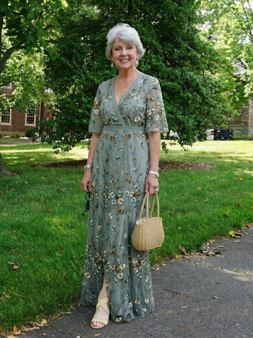 Robe longue fleurie vert sauge, col V, manches courtes, jupe ample