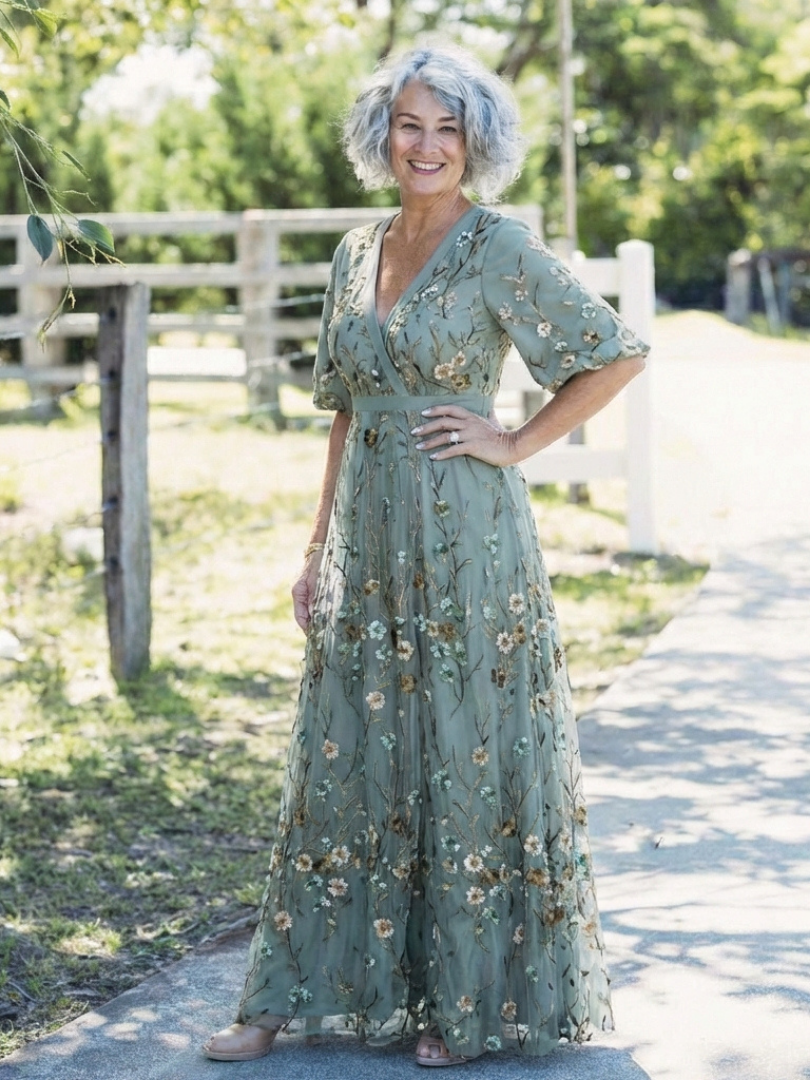 Robe longue fleurie vert sauge, col V, manches courtes, taille froncée et fluide
