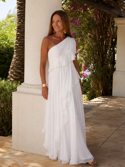 Maxi robe verte à épaule unique avec volants en cascade