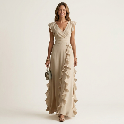 Nellyana | Robe Maxi à Volants en V avec Manches Évasées