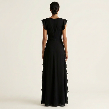 Nellyana | Robe Maxi à Volants en V avec Manches Évasées
