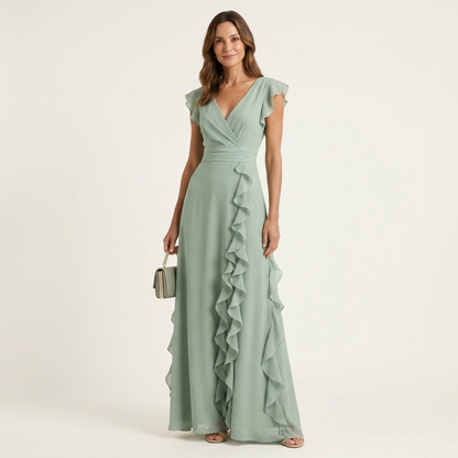 Nellyana | Robe Maxi à Volants en V avec Manches Évasées