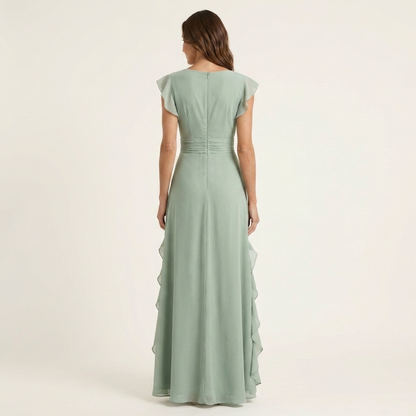 Nellyana | Robe Maxi à Volants en V avec Manches Évasées