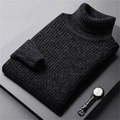 Pull col roulé homme en maille noire chinée, col côtelé épais