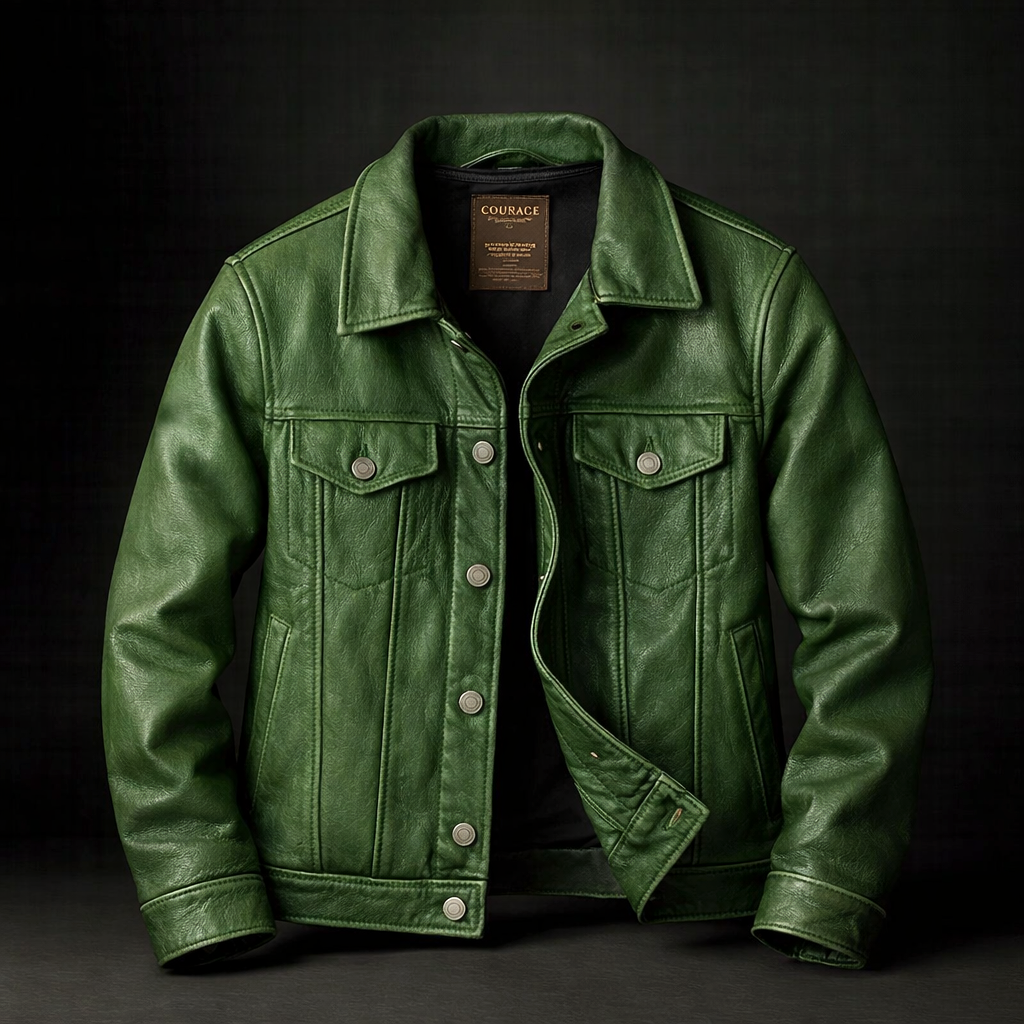 Veste motard homme en cuir vert, col à revers, poches poitrine à rabat et boutons pression.