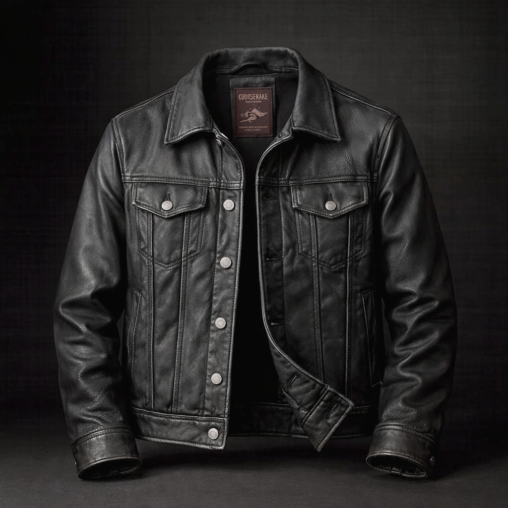 Veste motard homme en cuir noir, col à revers, poches poitrine à rabat et boutons pression.