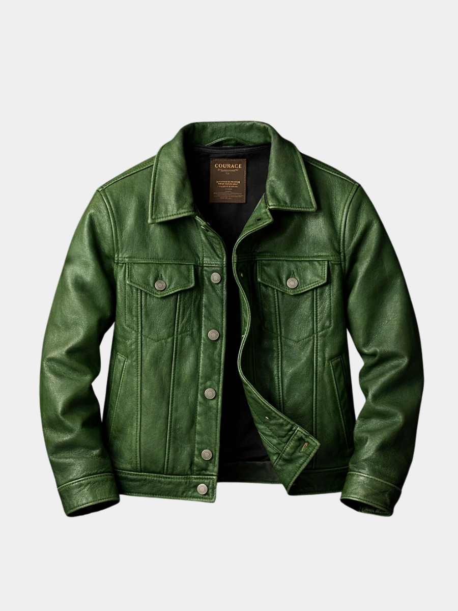 Veste motard homme en cuir vert, col à revers, fermeture à boutons pression, poches poitrine.