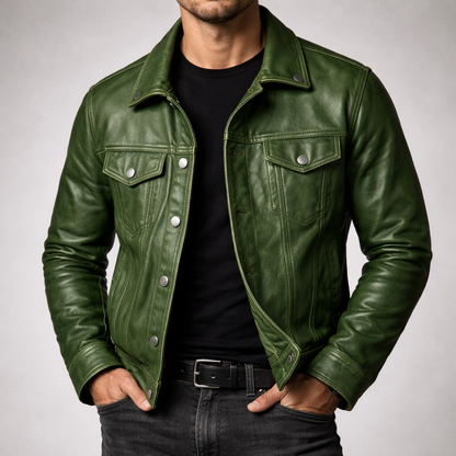 Veste motard homme en cuir vert, col à revers, boutons pression et 2 poches poitrine.