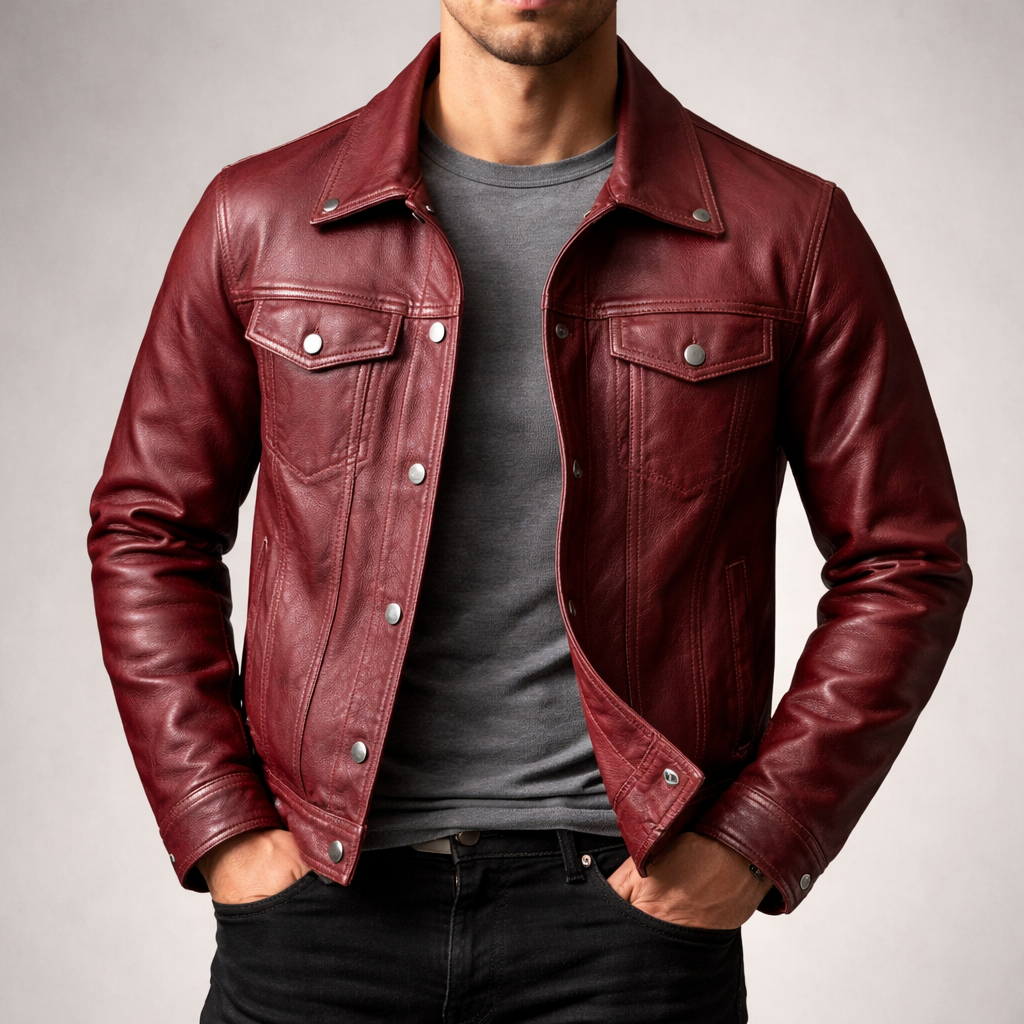 Veste motard homme en cuir bordeaux, col à revers, fermeture à boutons pression, poches poitrine.