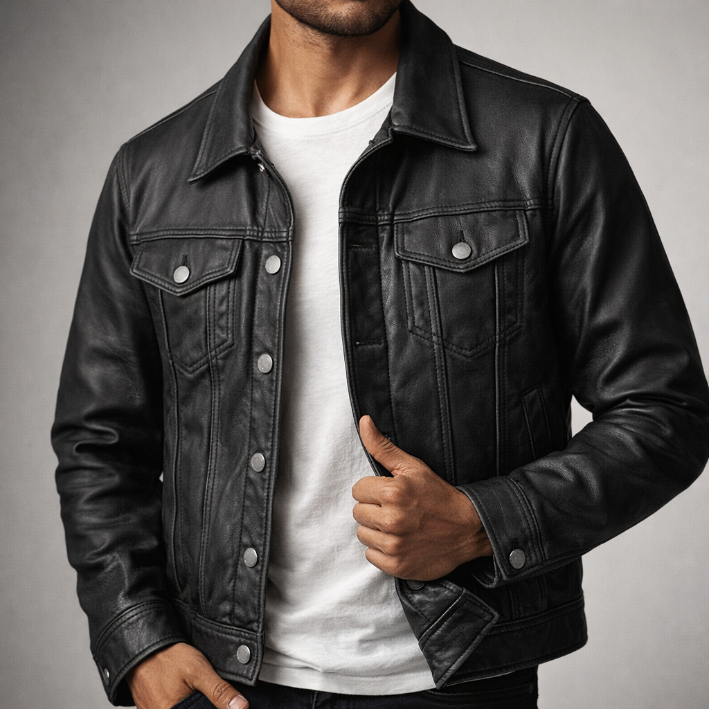Veste motard homme en cuir noir, col à revers, boutons pression et poches poitrine à rabat.