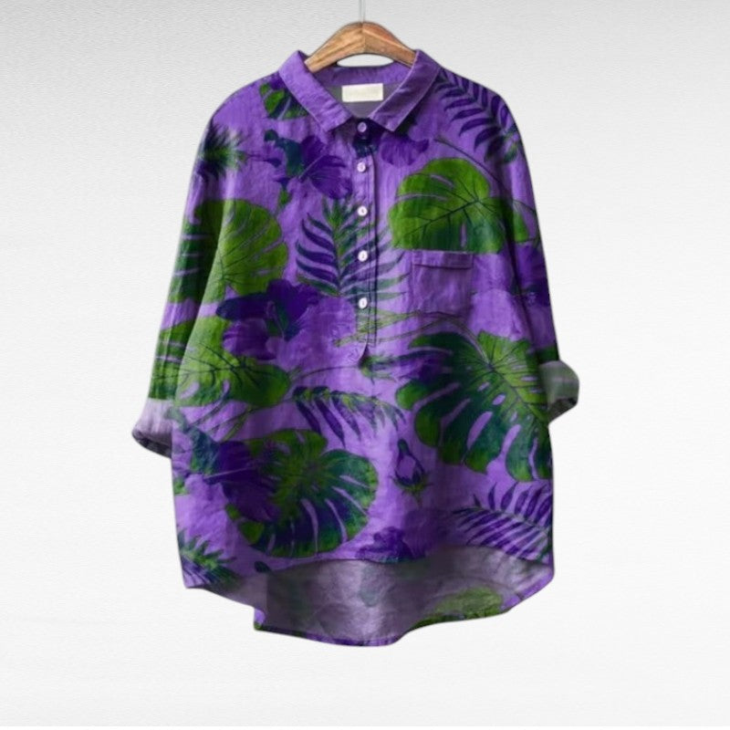 Blouse en lin violette à motif feuillages verts, boutonnée, col, manches longues