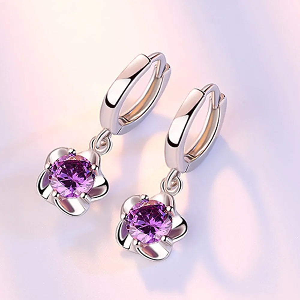 Boucles d’oreilles en argent, créoles ovales avec zircon violet en pendentif fleur