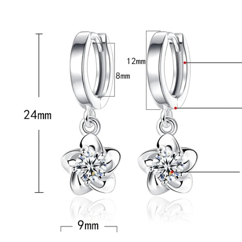 Schéma de boucles d’oreilles argent: créoles et pendentif fleur, dimensions 24×12×8 mm