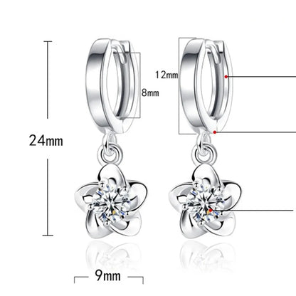 Schéma de boucles d’oreilles argent: créoles et pendentif fleur, dimensions 24×12×8 mm