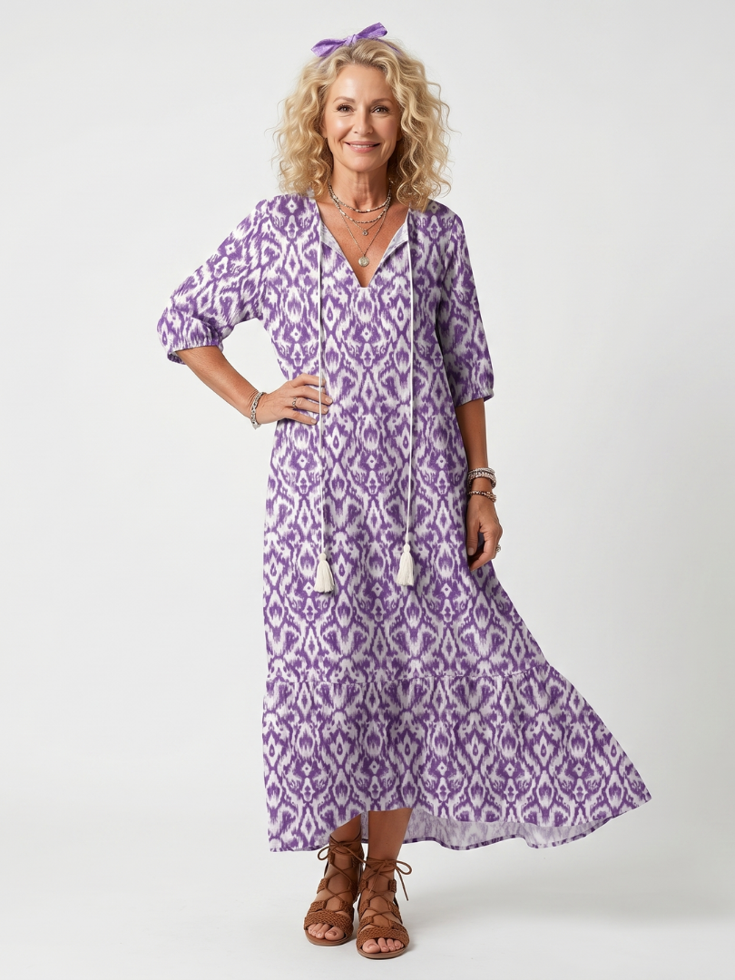 Robe midi violette imprimée, décolleté V avec liens, coupe évasée