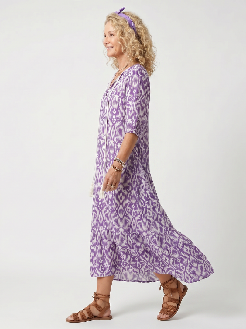 Robe midi violette imprimée, col V avec liens et franges