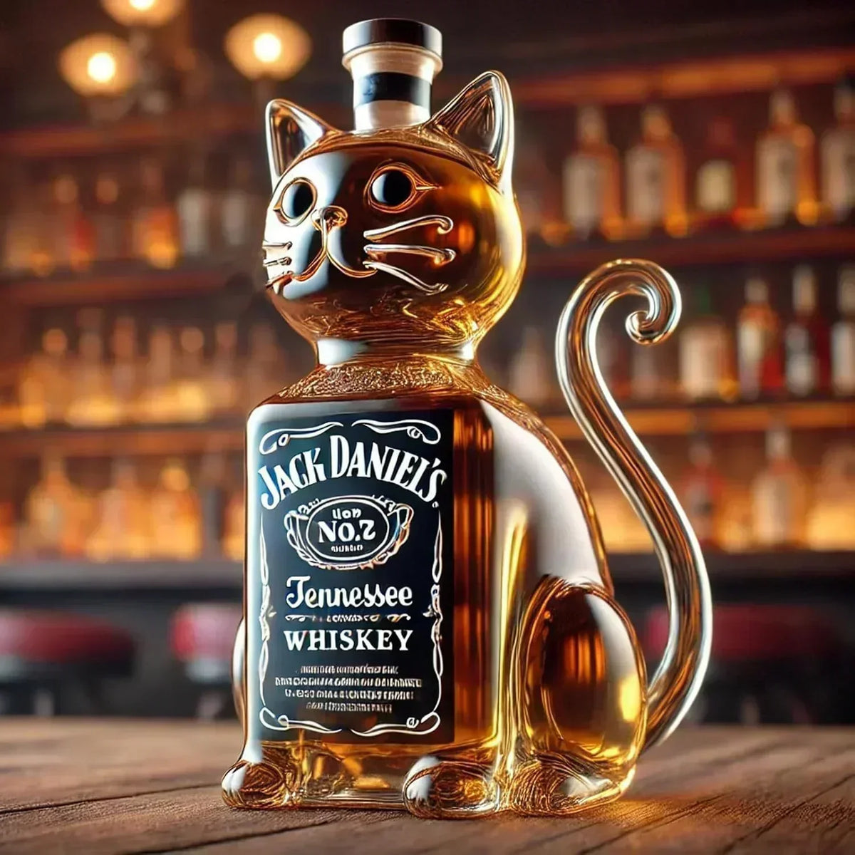 Bouteille de whisky en forme de chat doré, capuchon argenté, étiquette noire